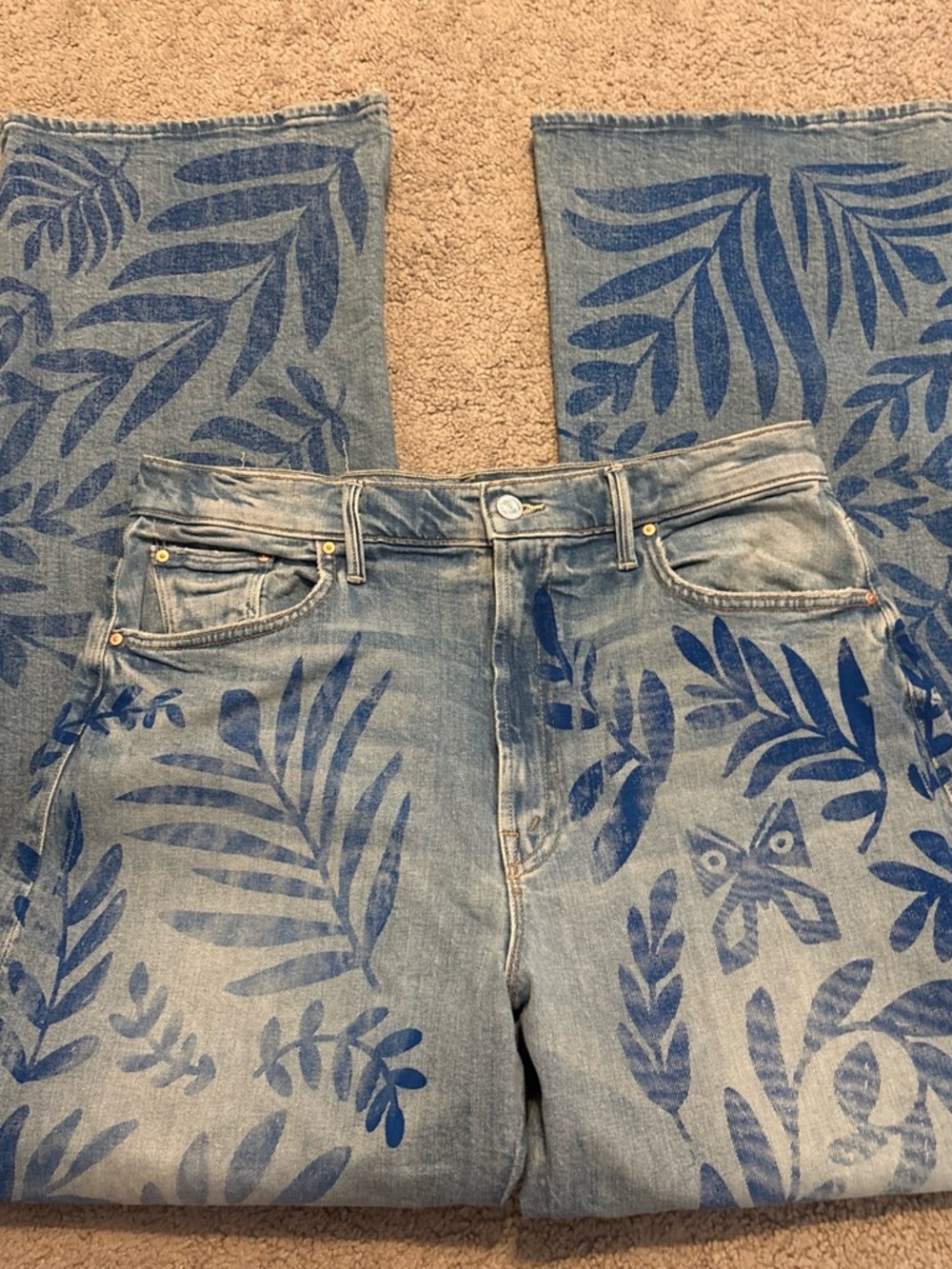 Blue Leaf-Print Womens Jeans - Designer Style